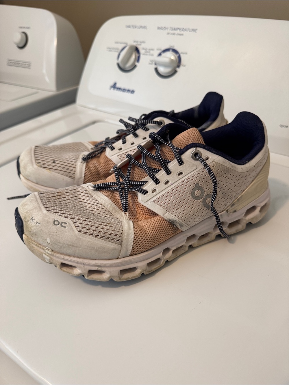 On Running Women's Beige Tan and Navy Cloud-Style Running Shoes